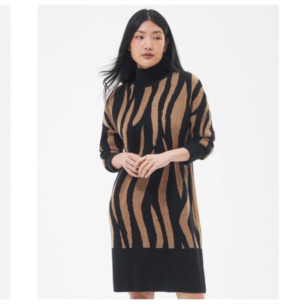 Barbour Black and Tan Zebra-Print Long Sleeve Knit Dress